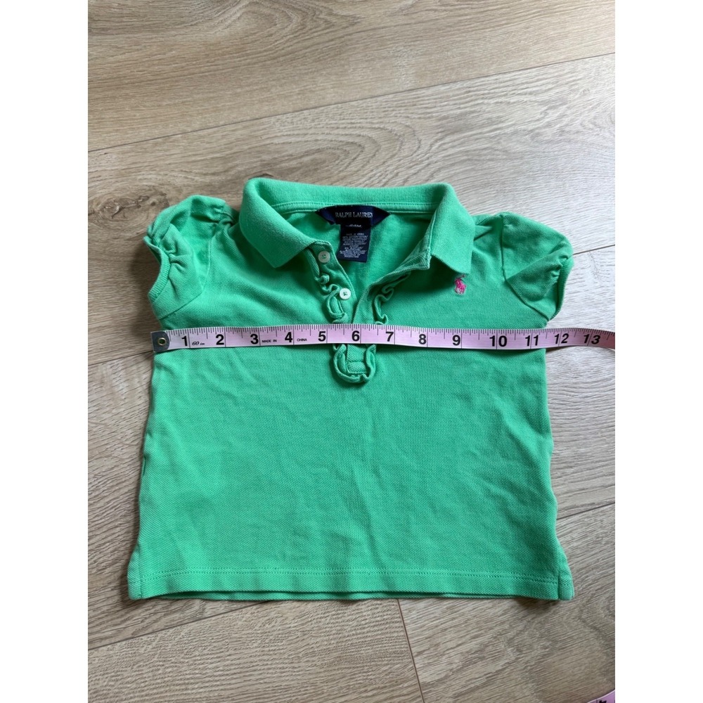 Euc Baby Girls Ralph Lauren green polo short sleeve stretch ruffle collar sz 24M - Picture 7 of 7
